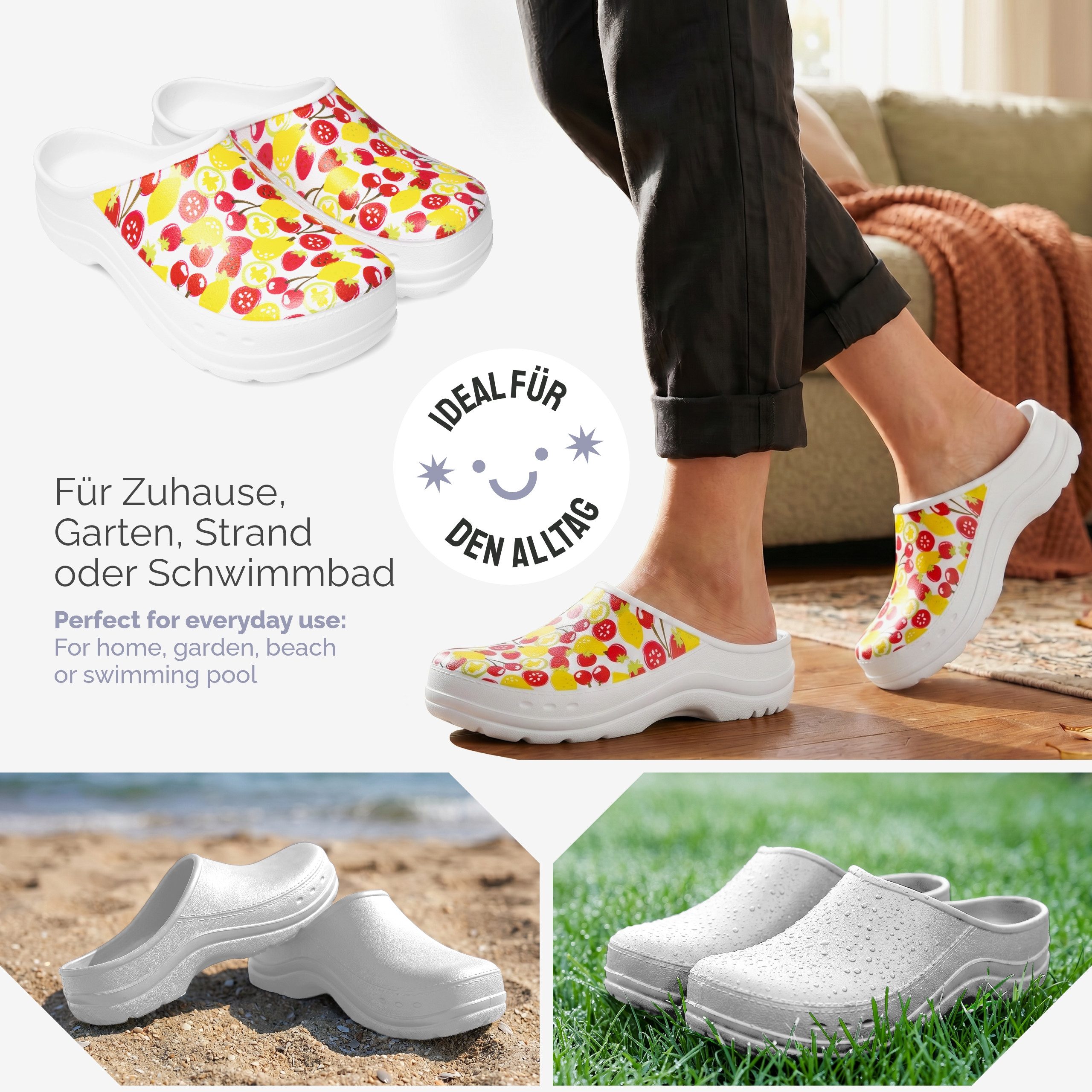 Ladeheid Gartenclogs für Damen Ultraleicht EVA Gemustert Gartenschuhe LA-CA-27 Clog (41 EU, Weiß/Fruchtmotiv1) Wasserdicht & Flexibel – Bild 4 von 5