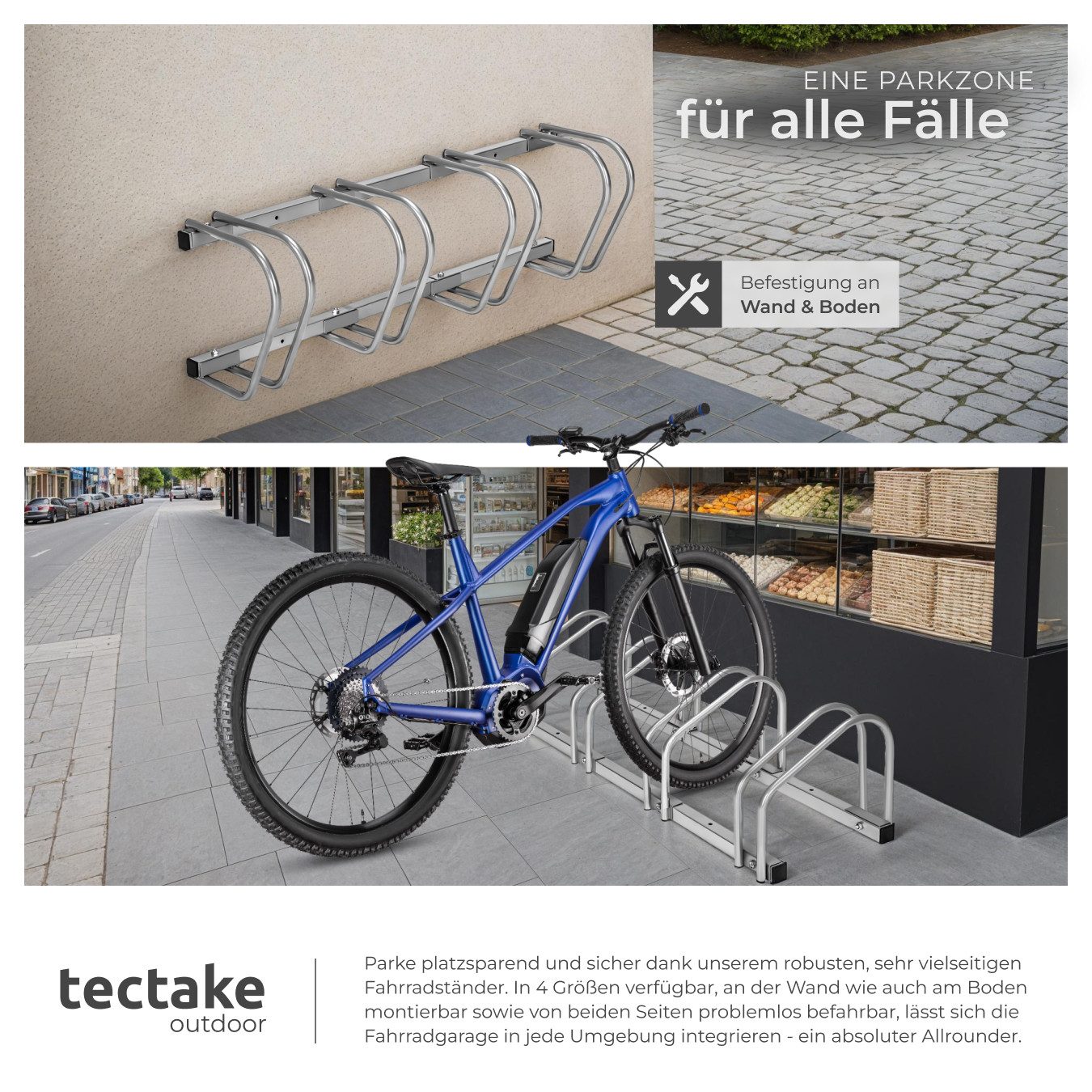 tectake Fahrradständer Fahrradhalter aus rostfreiem Stahl für Reifenbreiten von 35 - 60 mm, Boden- und Wandmontage, von beiden Seiten befahrbar