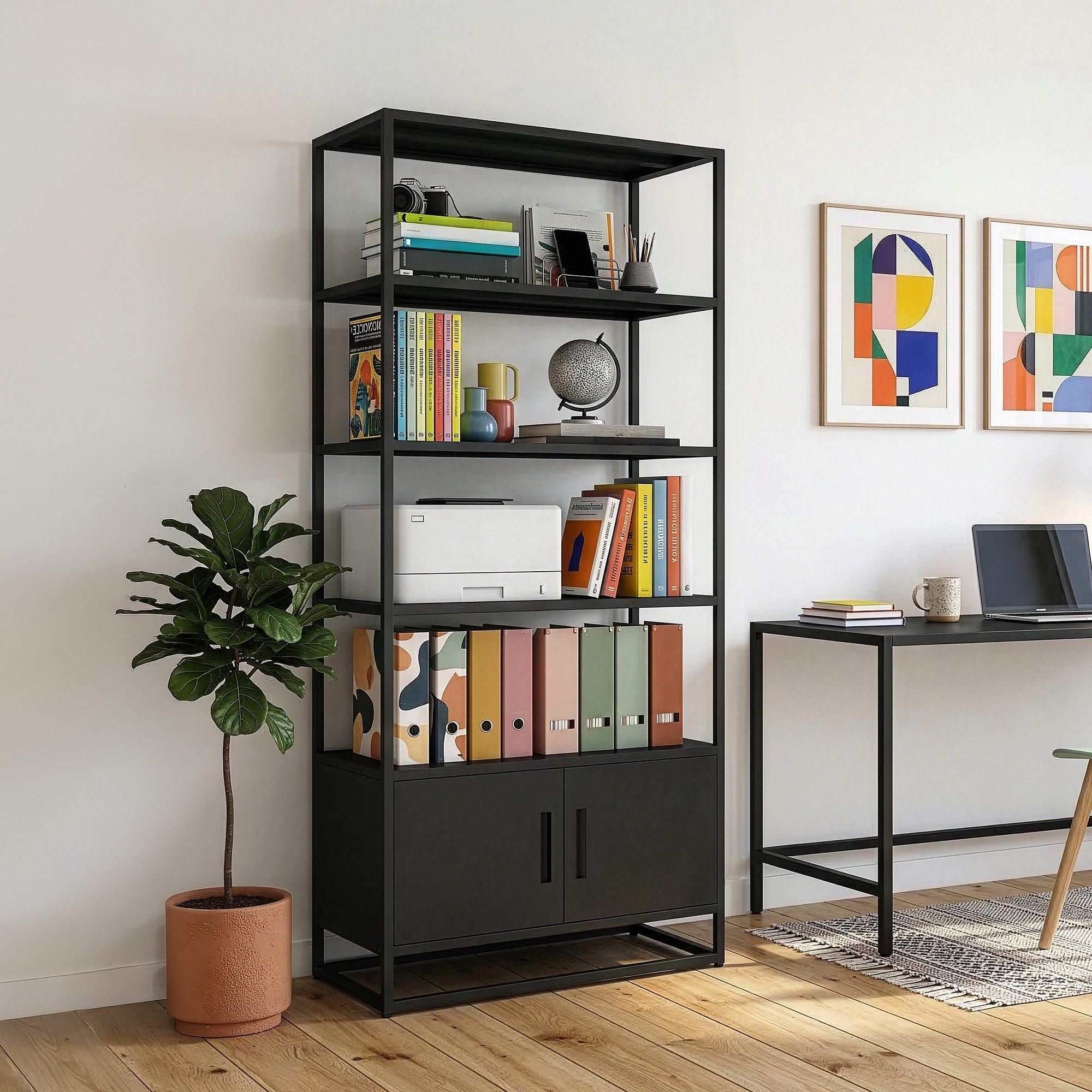 en.casa Bücherregal, »Hailuoto« 80 x 40 x 180 cm mit Unterschrank Stahl Schwarz, matt