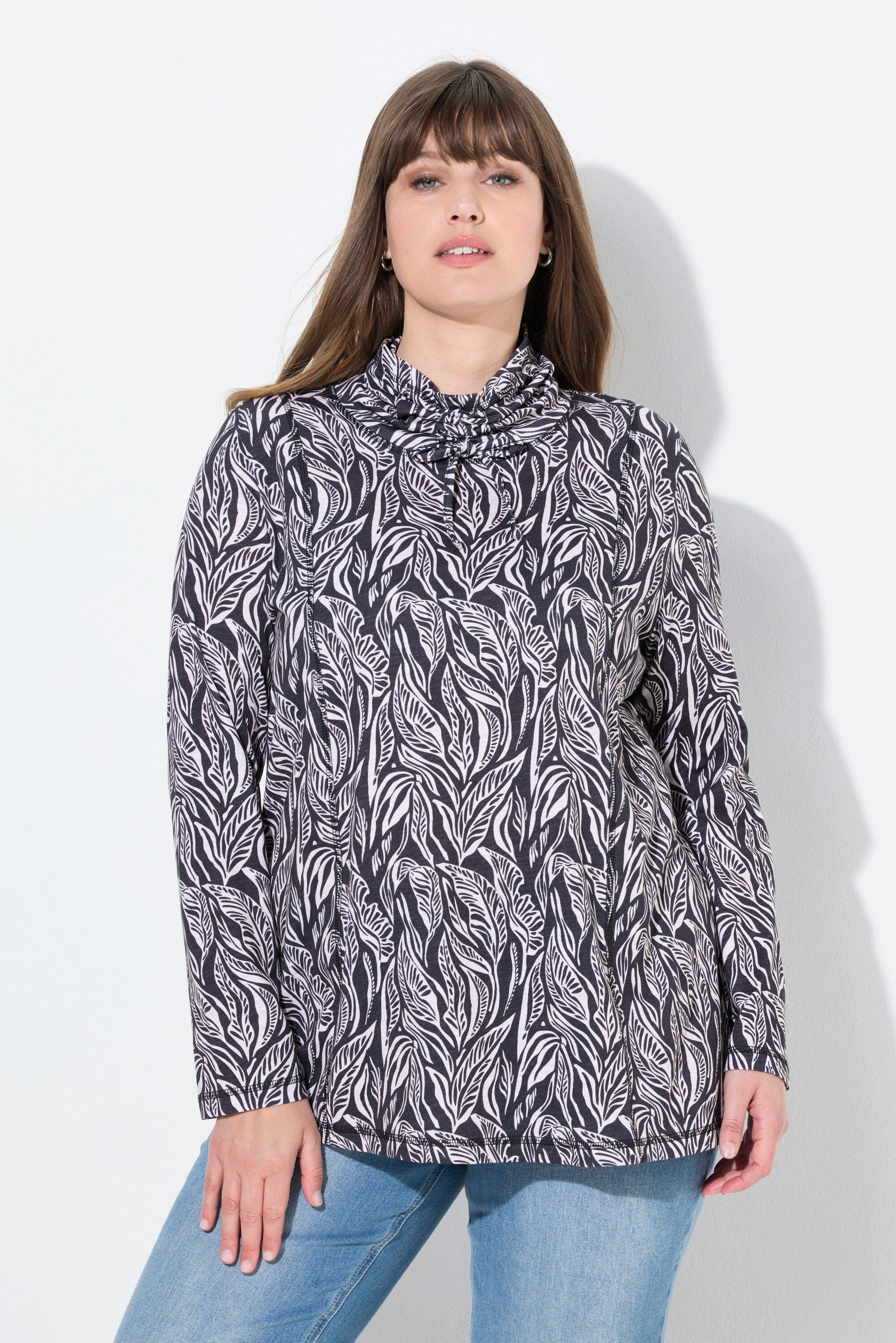 Ulla Popken Longshirt Shirt Blätter Stehkragen Langarm Biobaumwolle günstig online kaufen