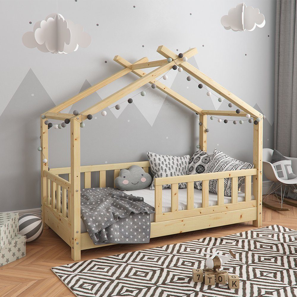 VitaliSpa® Kinderbett Kinderhausbett mit Zaun 70x140cm DESIGN Natur
