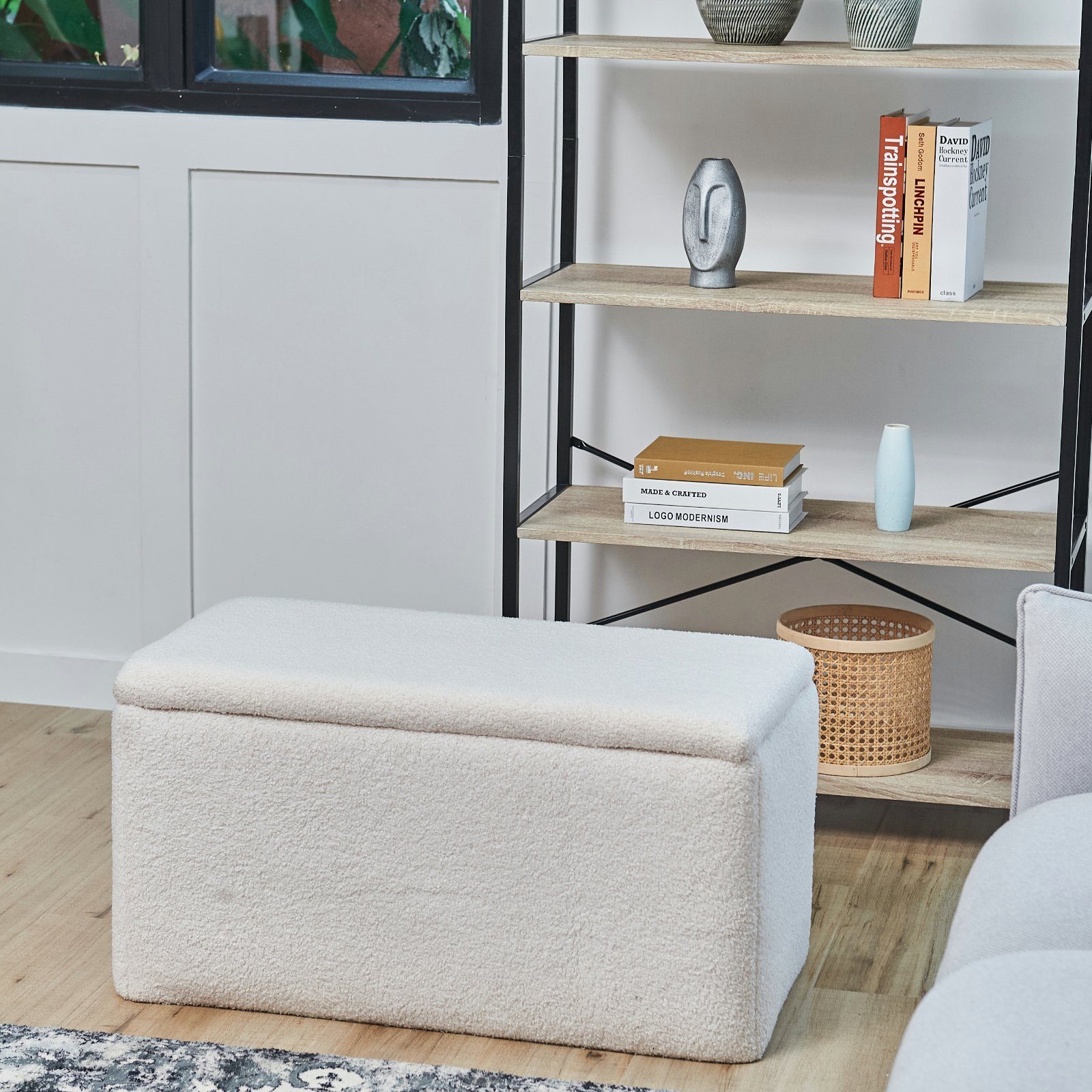 SVITA Sitzbank LEAF, Mit Stauraum, Sitztruhe, Teddy-Bouclé, Sitzbank, aufklappbar, Weiß