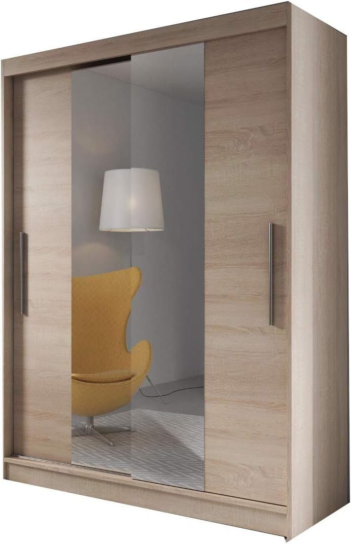 MOEBLO Kleiderschrank LARA 01 (mit Spiegel Schwebetürenschrank 2-türig Schrank mit vielen Einlegeböden und Kleiderstange, Gaderobe Schiebtüren Schlafzimmer-Wohnzimmerschrank Modern Design) (BxHxT): 150x200x61 cm Sonoma