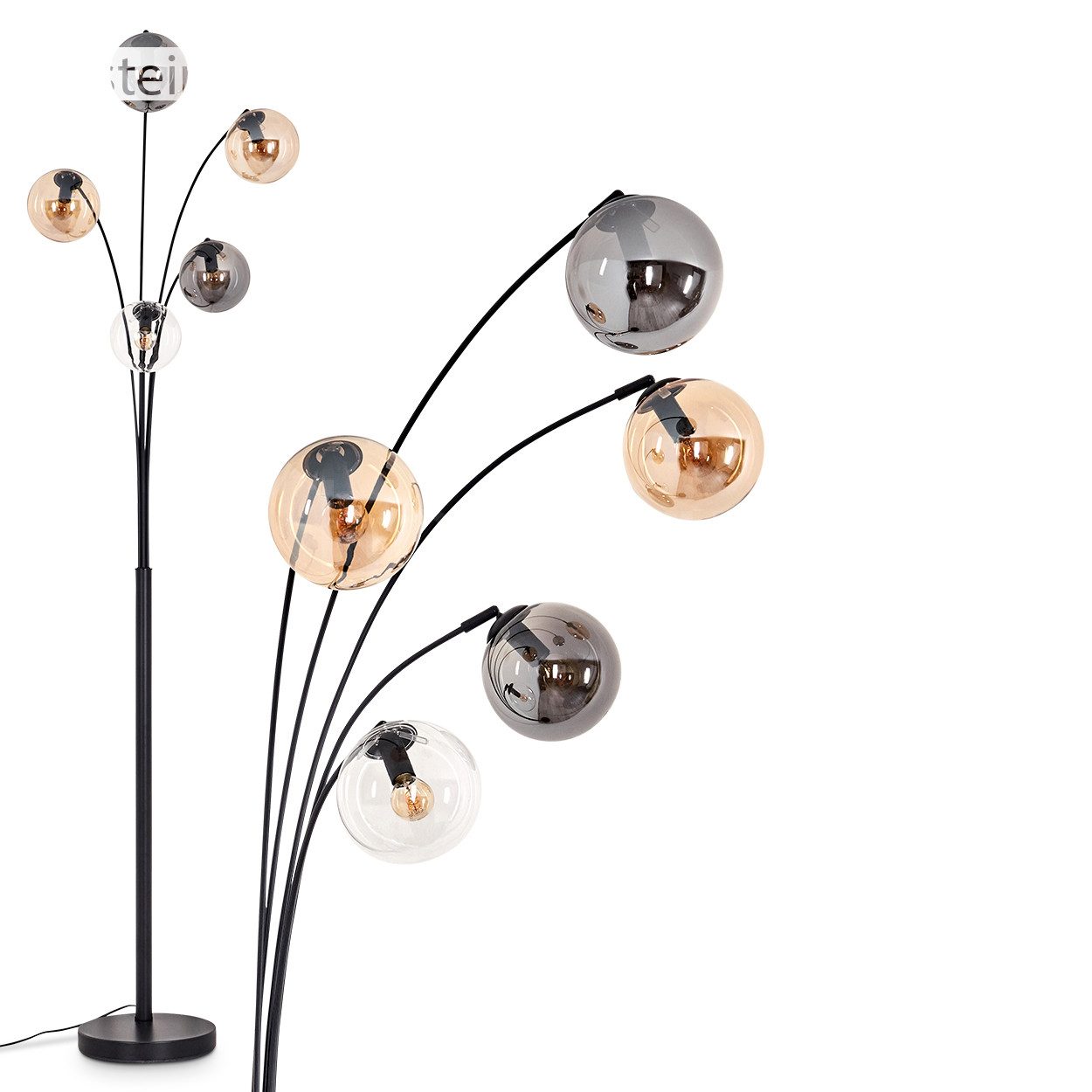 hofstein Stehlampe Stehlampe aus Metall/Glas in Schwarz/Bernstein/Rauch/Klar, ohne Leuchtmittel, Leuchte mit Glasschirmen (15cm), Schalter, 5xE14, ohne Leuchtmittel