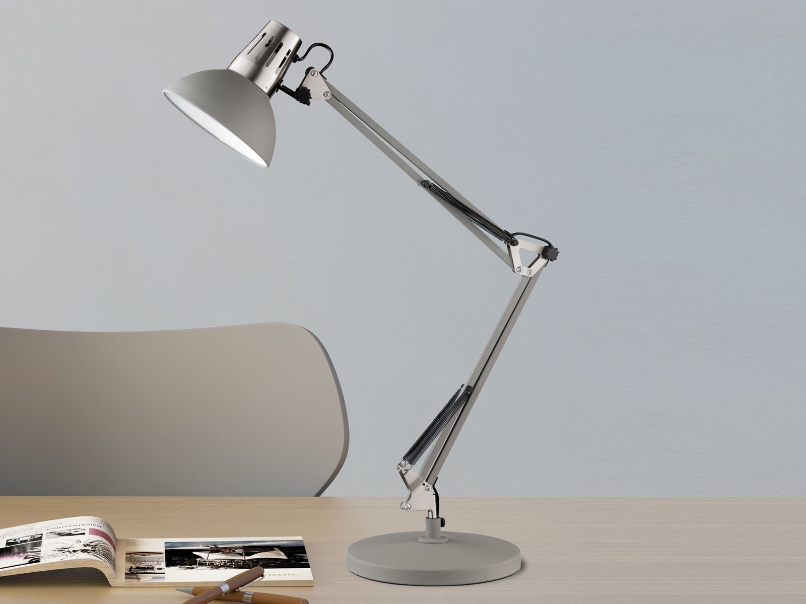 Klemmleuchte LED Grau HONSEL Höhe Bürobeleuchtung Arbeitsplatzbeleuchtung 74,5cm Retro Warmweiß, & wechselbar, LED FISCHER Schreibtischlampe,