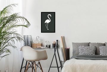 MuchoWow Poster Scherenschnitt - Flamingo - Weiß, (1 St), Gerahmtes Poster, Wanddeko, Bilder, Wandposter, Schwarzem Bilderrahmen