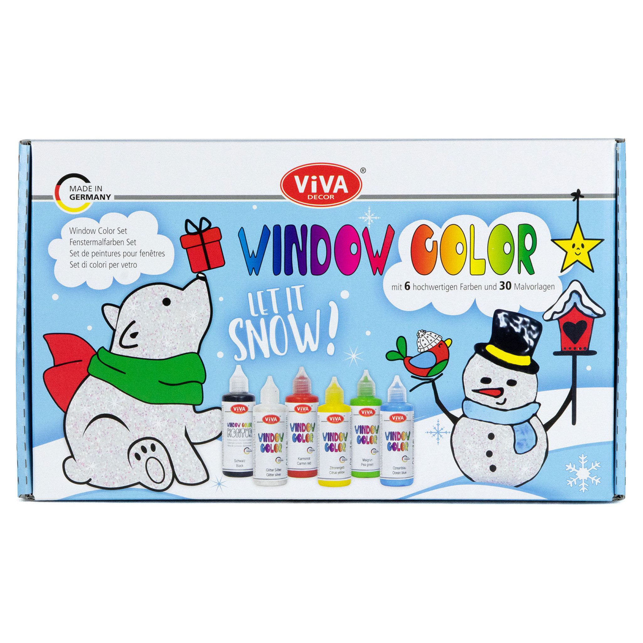 Viva Decor Bastelfarbe Window Color Set Let it Snow 6 Farben Winter mit 30 Motiven, Winterset, Hologrammfarbe, wiederablösbar