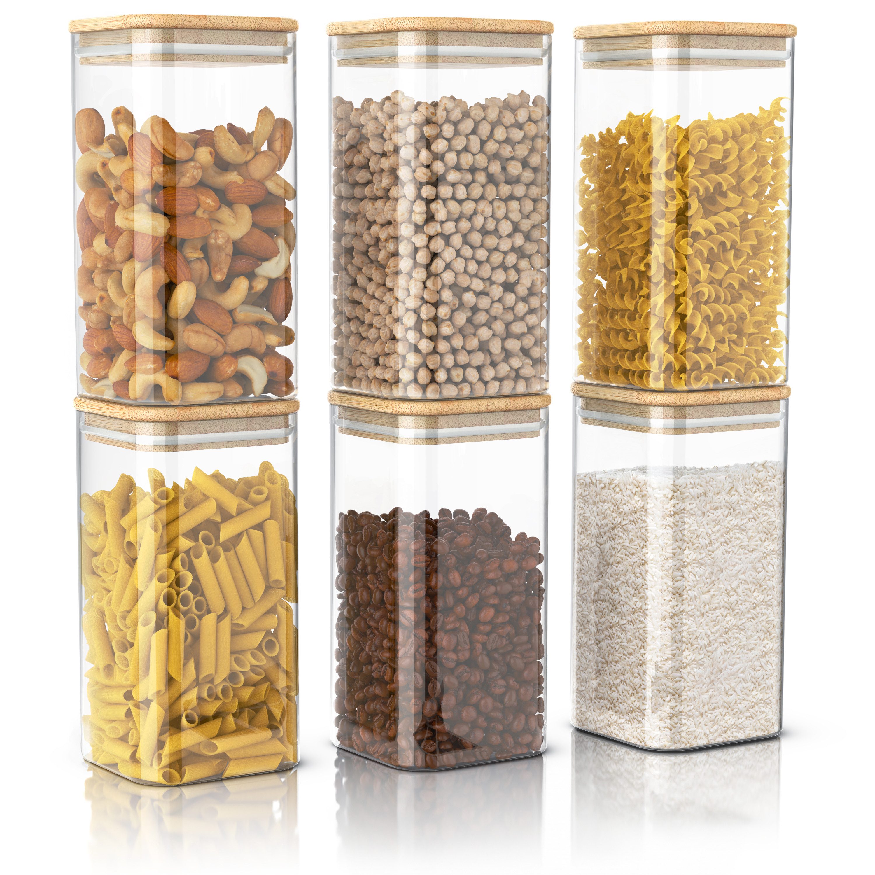Arendo Aufbewahrungsbecher Glasbehälter-Set 6x 1,2 L Borosilikatglas mit Bambusdeckel, luftdicht, Borosilikatglas, Bambus, Silikon, (Vorratsbehälter-Set, 6-tlg., 6er Set), Hitzebeständig, umweltfreundlich, langlebig, mikrowellengeeignet