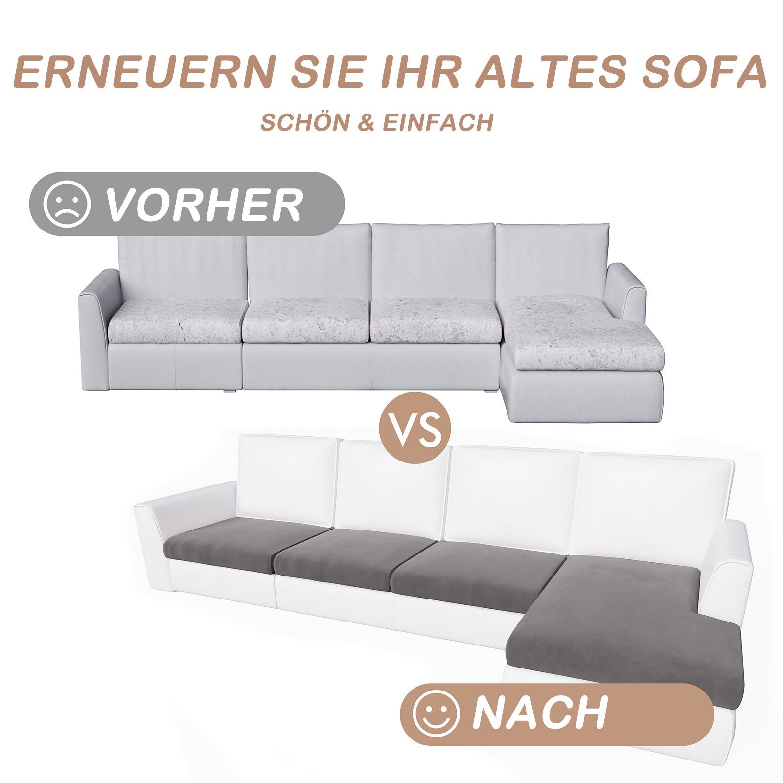 Sofahusse 4 Plüschsamt, elastisch, L-Sofa, für Grau Stück, Rosnek