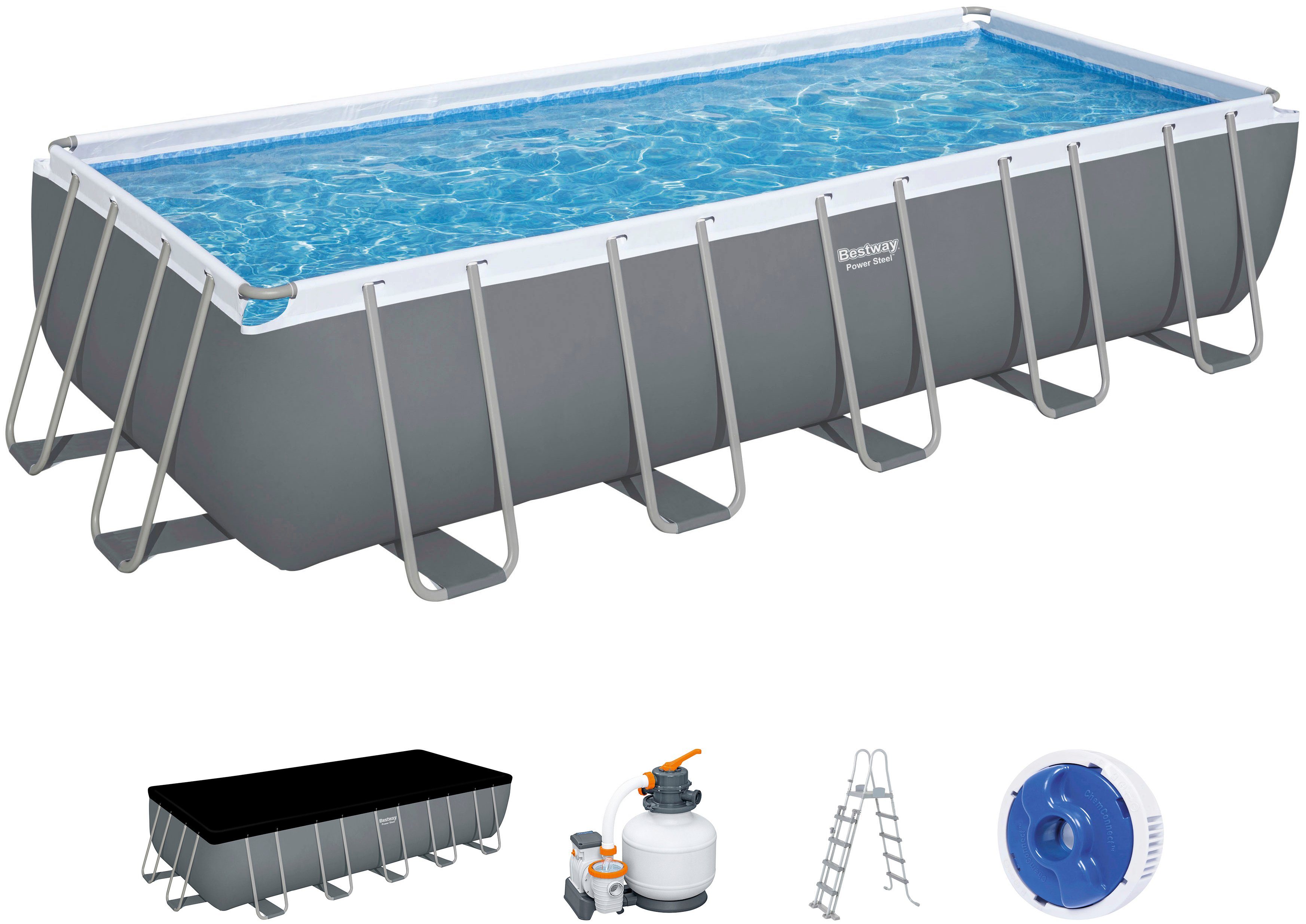 Bestway Framepool Power Steel™ (Komplett-Set), Frame Pool mit Sandfilteranlage 640x274x132 cm, grau