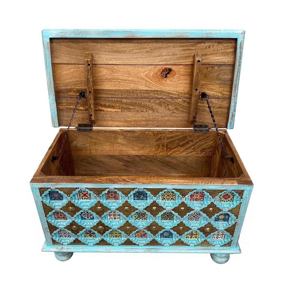 Oriental Galerie Truhe Indische Truhe Türkis 80cm (1 St), Beistelltisch, Holztruhe, Antik, Wäschetruhe, Möbeltruhe, Holzkiste