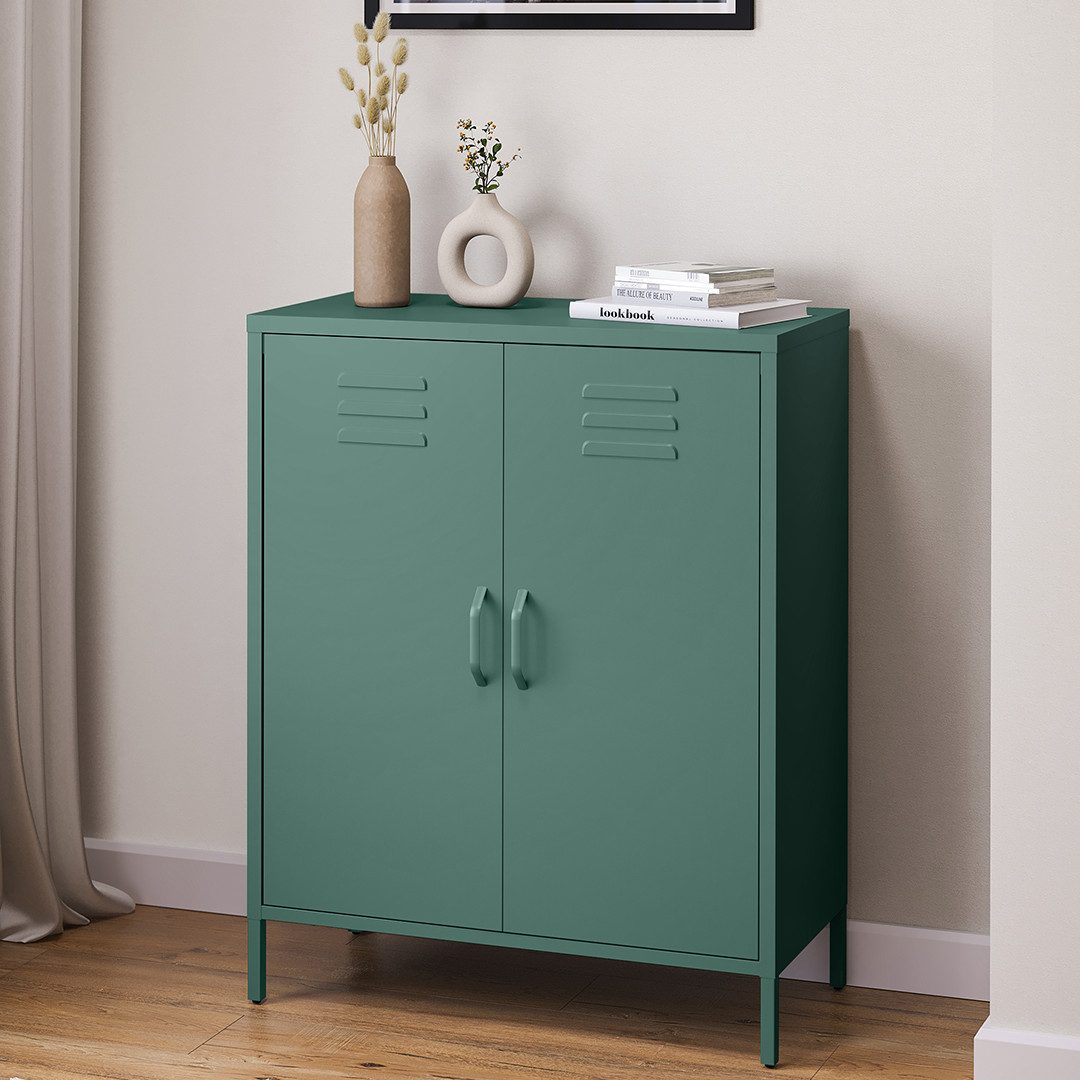 skølm Kommode Atria aus Metall, Highboard mit höhenverstellbaren Böden (Dunkelgrün, 3 Fächer), auch verfügbar mit Schubladen