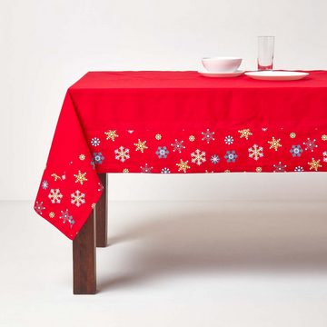 Homescapes Tischdecke Tischdecke rote Schneeflocken Bordüre 100% Baumwolle, 138 x 228 cm (1-tlg)