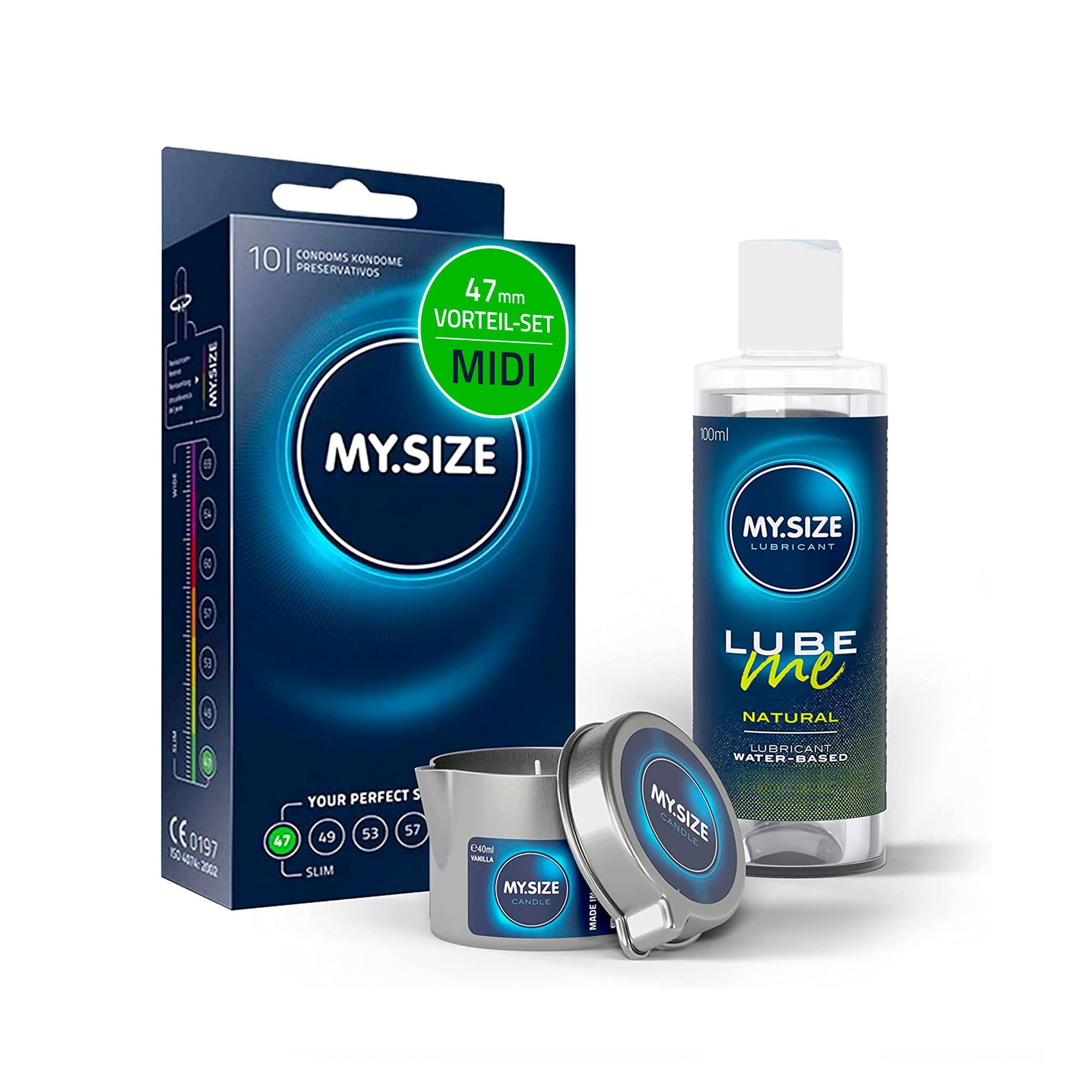 MY.SIZE Kondome MY.SIZE Vorteilspack Set, 10 Kondome + 100 ml MY.SIZE Natural Gleitgel + Massagekerze