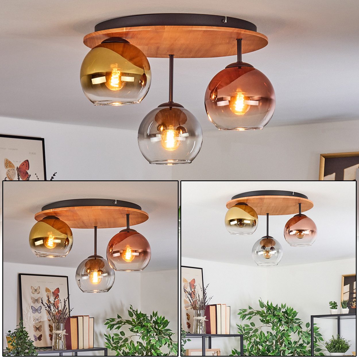 hofstein Deckenleuchte Deckenlampe Metall/Holz/Glas in Schwarz/Natur/Rauch/ günstig online kaufen
