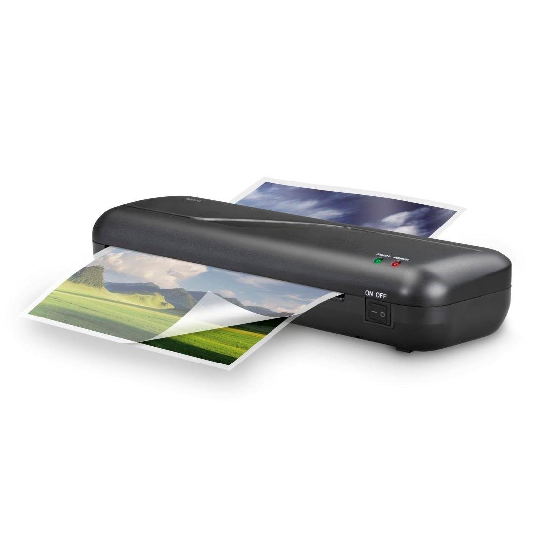 Hama Laminiergerät Laminator 4in1-Set für DIN A4, 2 Rollen, Tischgerät, schwarz, Mit Laminierfolien, Schneidlineal, Eckenrunder und Entriegelungstaste