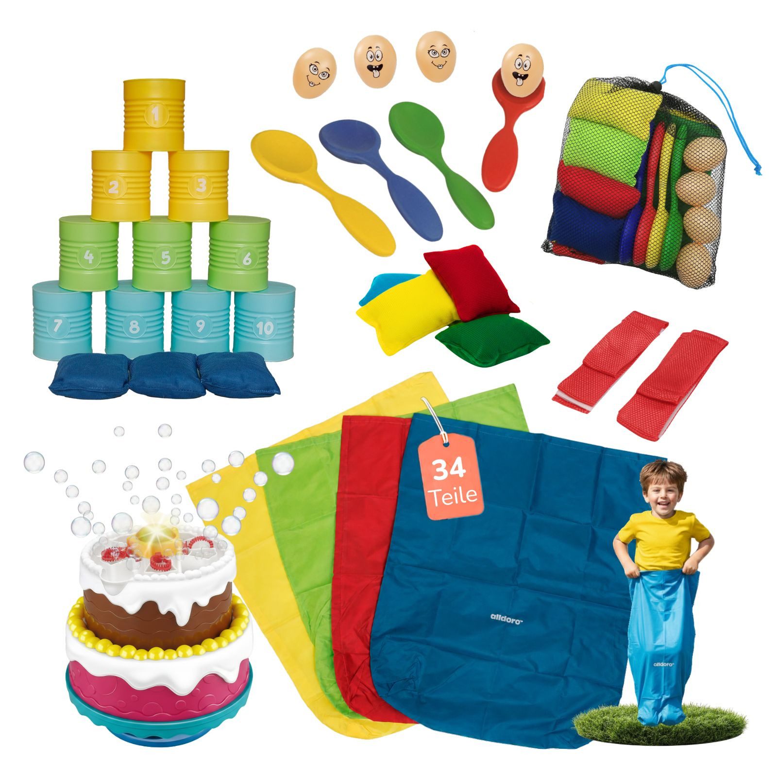 alldoro Spiel XXL Kinderparty-Set für Kindergeburtstag, Party und Feiern, ab 3 Jahre, Seifenblasenmaschine, Dosenwerfen, Eierlauf, Sackhüpfen, Wurfspiele
