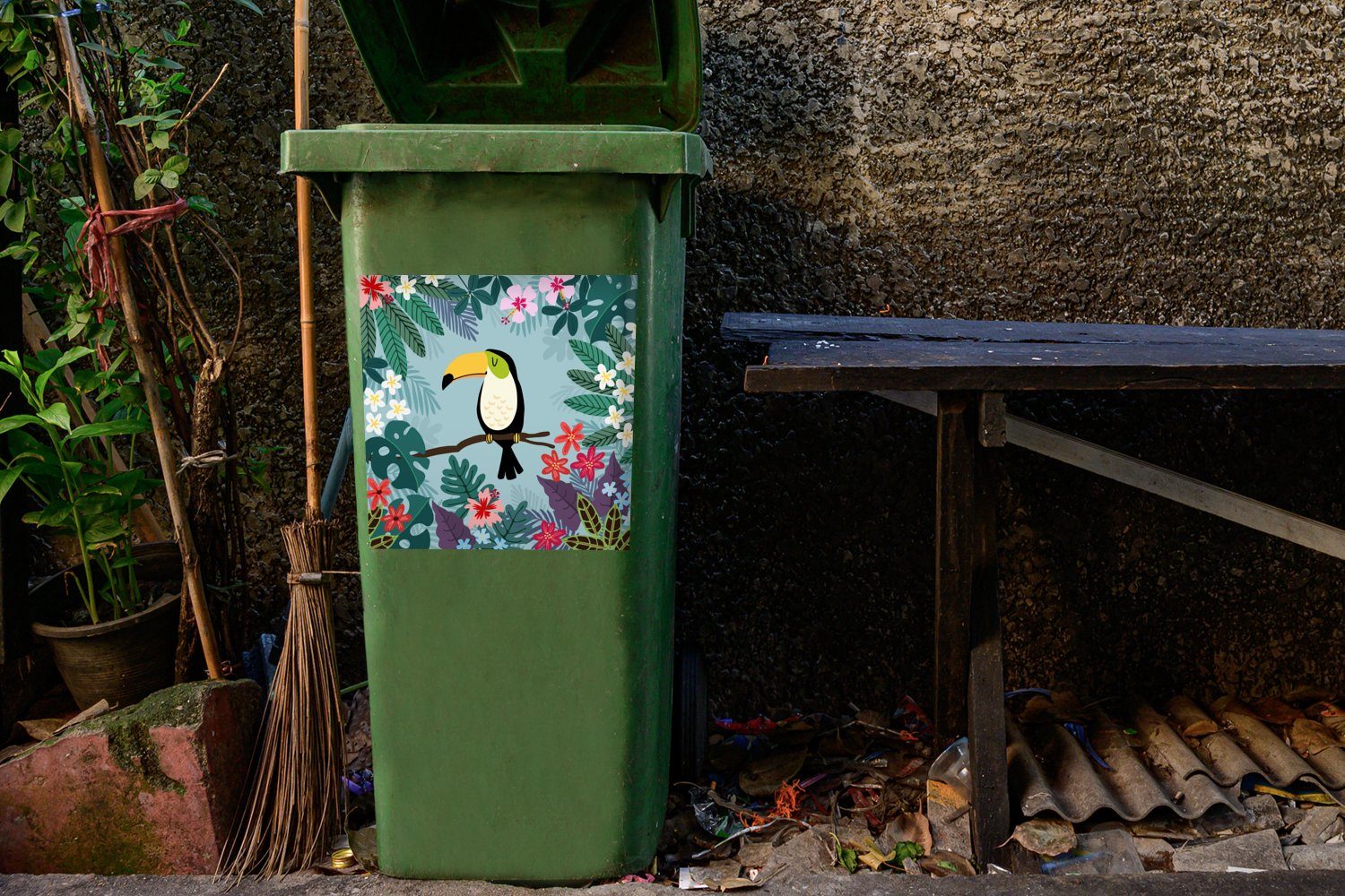 Tiere Kinder Pflanzen Sticker, Kinder - Mülltonne, - Abfalbehälter Tukan (1 Wandsticker - Container, St), - MuchoWow Mülleimer-aufkleber,