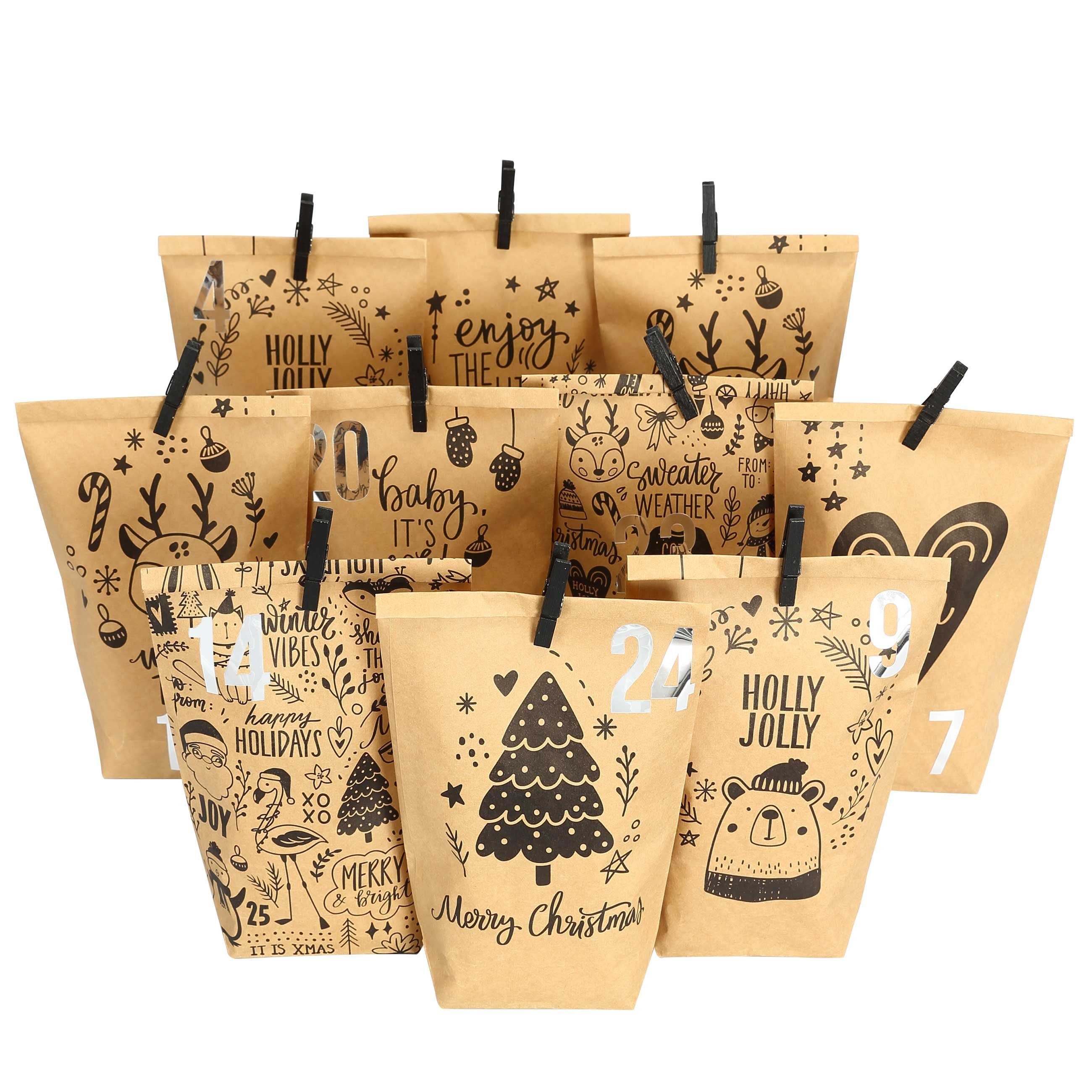 PAPIERDRACHEN befüllbarer Adventskalender DIY Adventskalender - 24 Geschenktüten, 24 Zahlenaufkleber & Klammern