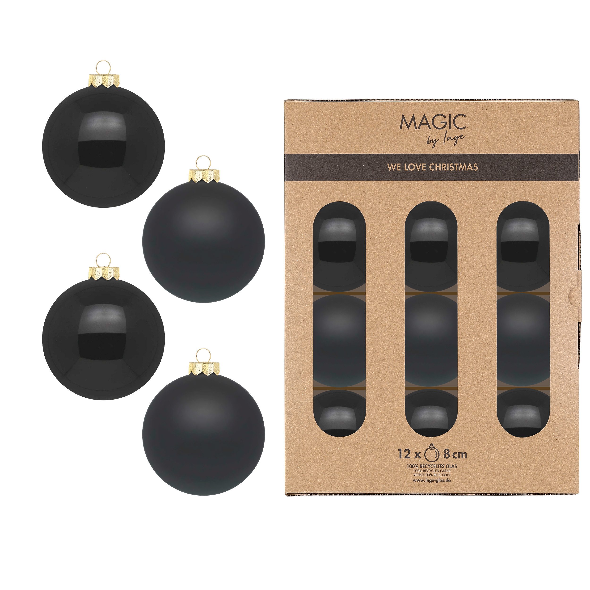 INGE-GLAS® Weihnachtsbaumkugel Christbaumkugeln Weihnachtskugeln Glas Ø 8 cm 12 Stück ebony black