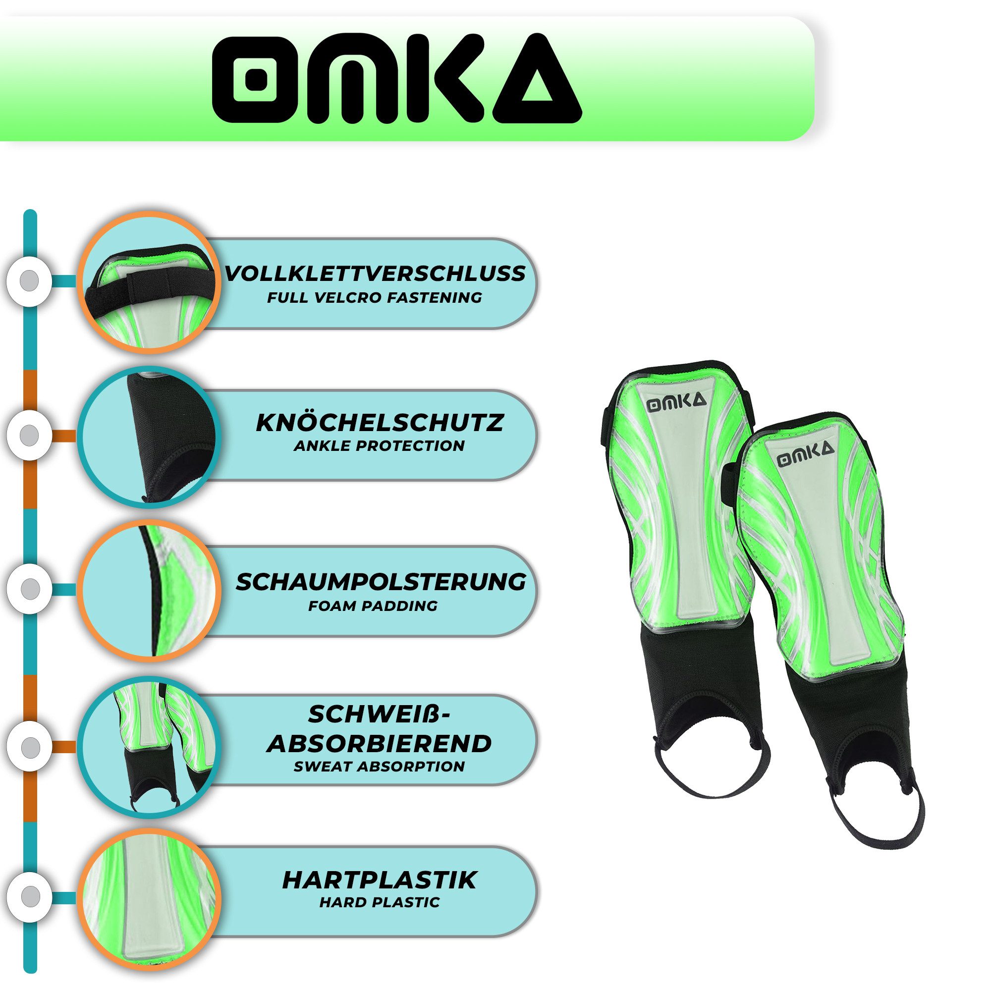 OMKA Fußball Schienbeinschoner OK401, Kinder & Erwachsene Schienbeinschoner Knöchelschutz Fußball