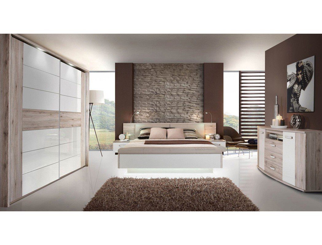 expendio Schlafzimmer-Set Rubio 21A, (Spar-Set, 3-St), Sandeiche / weiss  180x200 cm mit LED-Beleuchtung und Fussbank