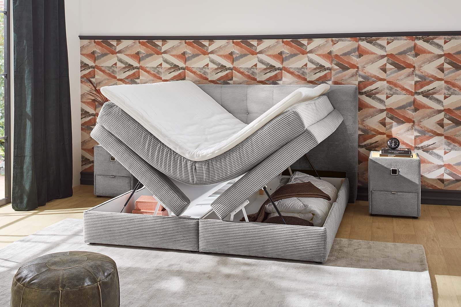 Jockenhöfer Gruppe Boxspringbett AMY in Cord, erhältlich in den Breiten 180cm & 200cm, mit Bettkasten & Kaltschaum-Topper