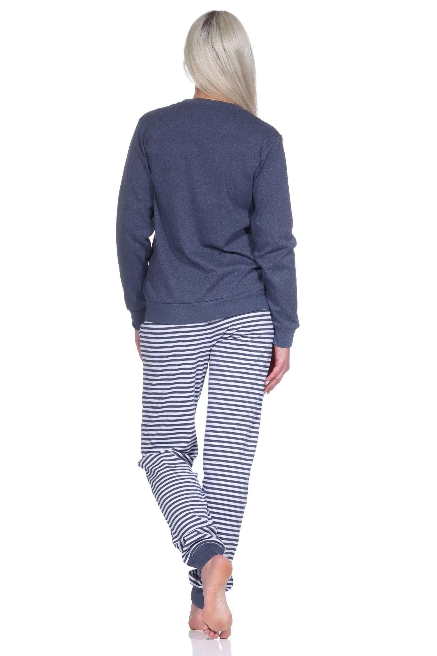 Normann Pyjama Kuscheliger Damen Sternmotiv Hose Bündchen, gestreifter Pyjama blau-melange + mit