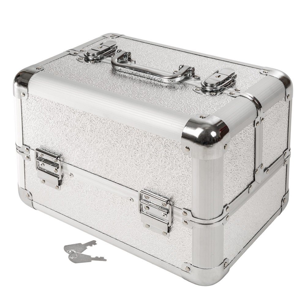 tectake Koffer Kosmetikkoffer mit 4 Ablagefächern, 0 Rollen, Handgriff: Glitzer grau
