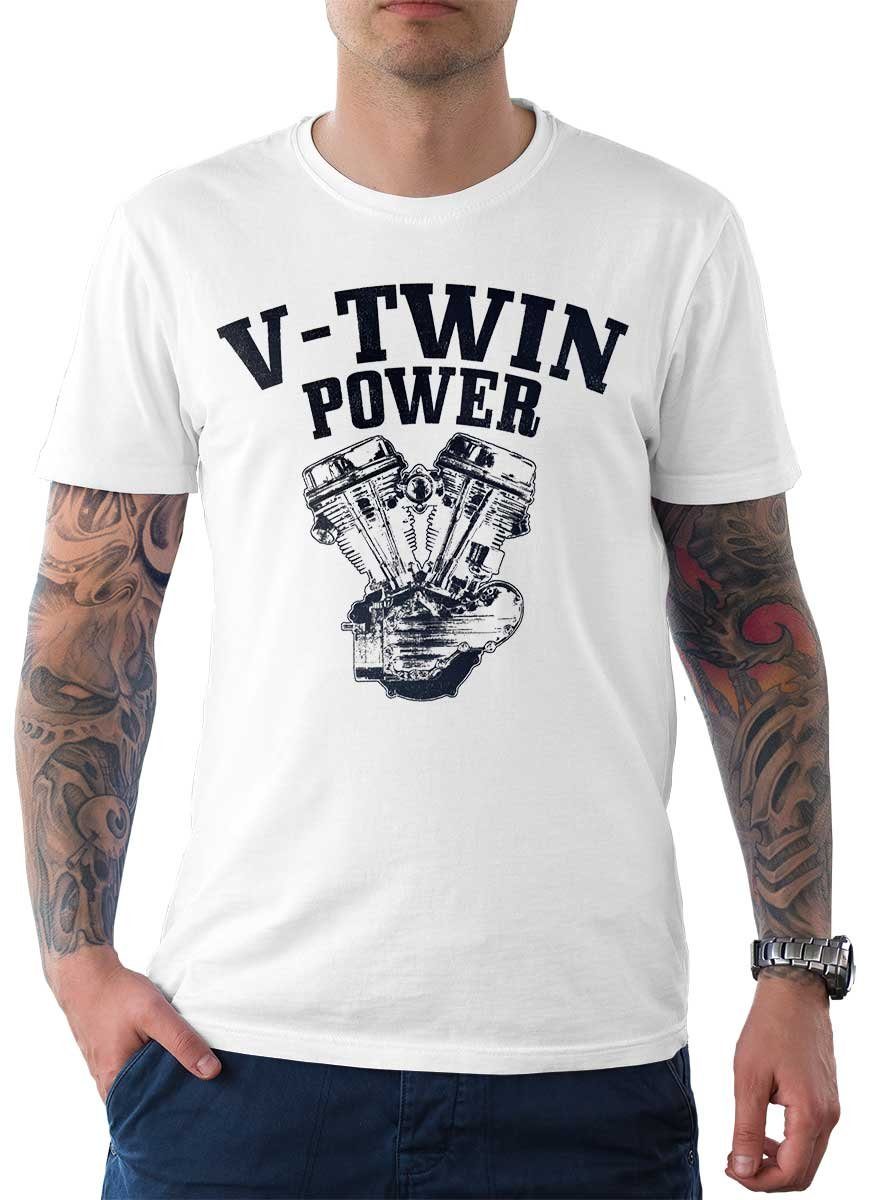Rebel On Wheels T-Shirt Herren T-Shirt Tee V-Twin Power mit Biker / Motorrad Motiv Weiß