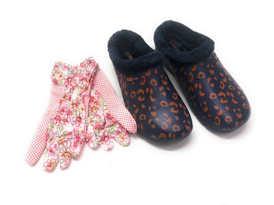 Steinnacher Bärbel 2er Set Gartenclogs blau mit Fell und Gartenhandschuhe Clog