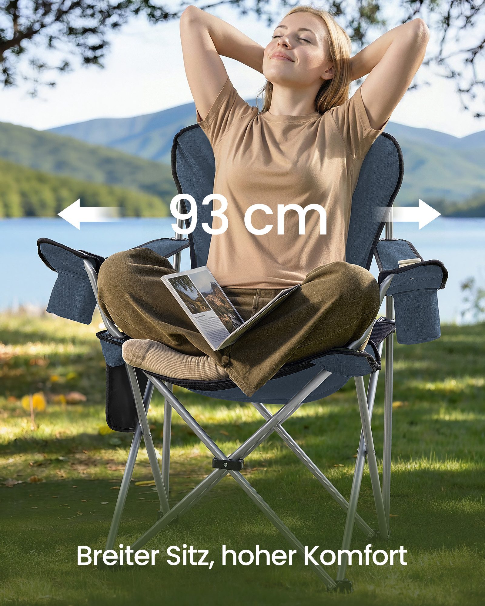 SONGMICS Campingstuhl klappbar, mit breitem Sitz, Faltbarer Outdoor-Stuhl, hohe Rückenlehne, Getränkehalter, 1er/2er Set