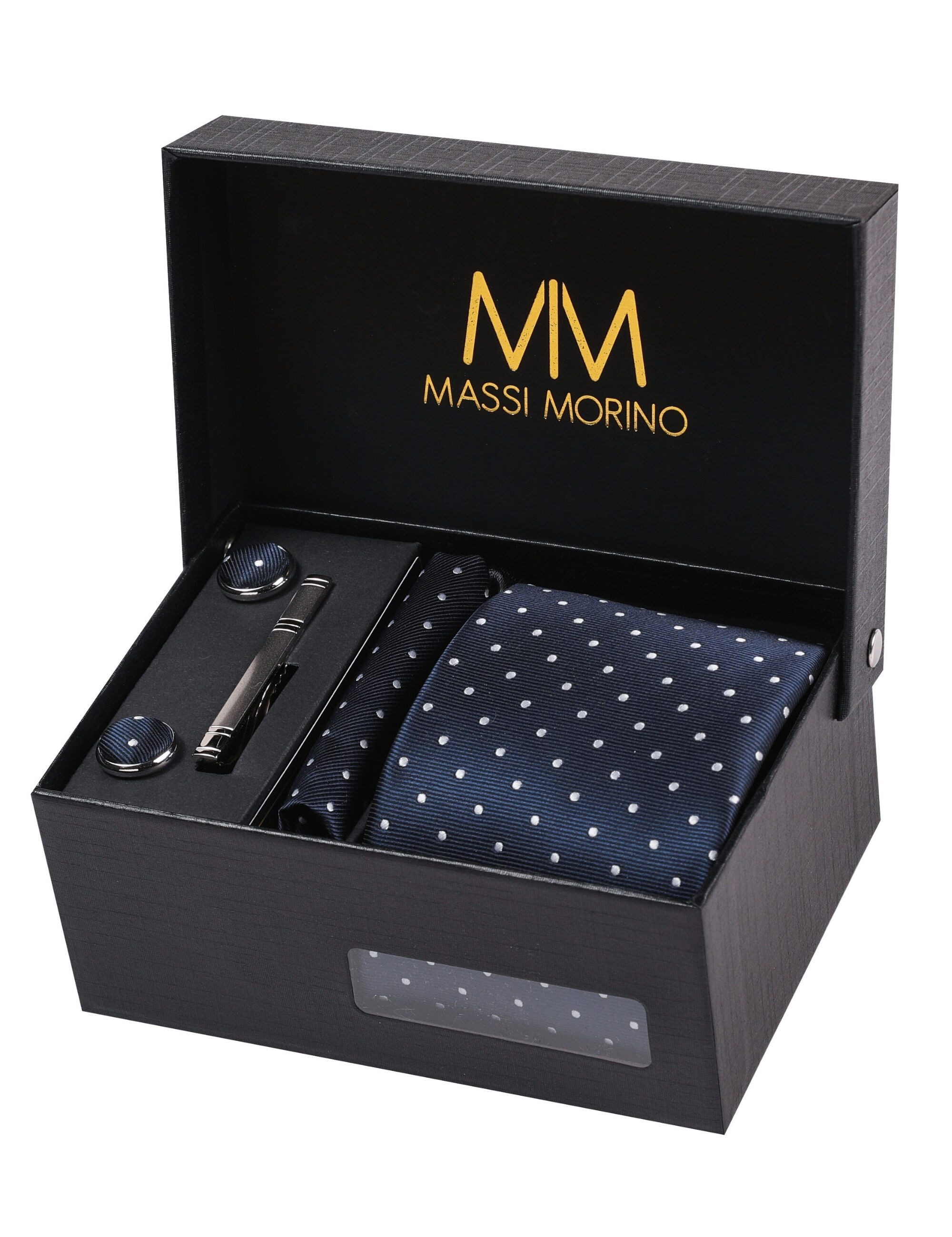 Massi Morino Krawatte (1-St) mit Einstecktuch, Manschettenknöpfen und Галстукиklammer