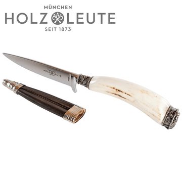 Holz-Leute Brotzeitmesser Trachtenmesser Hirschhorn poliert mit bayrischem Löwen Hirschfänger, Klinge aus Solingen, mit Lederscheide