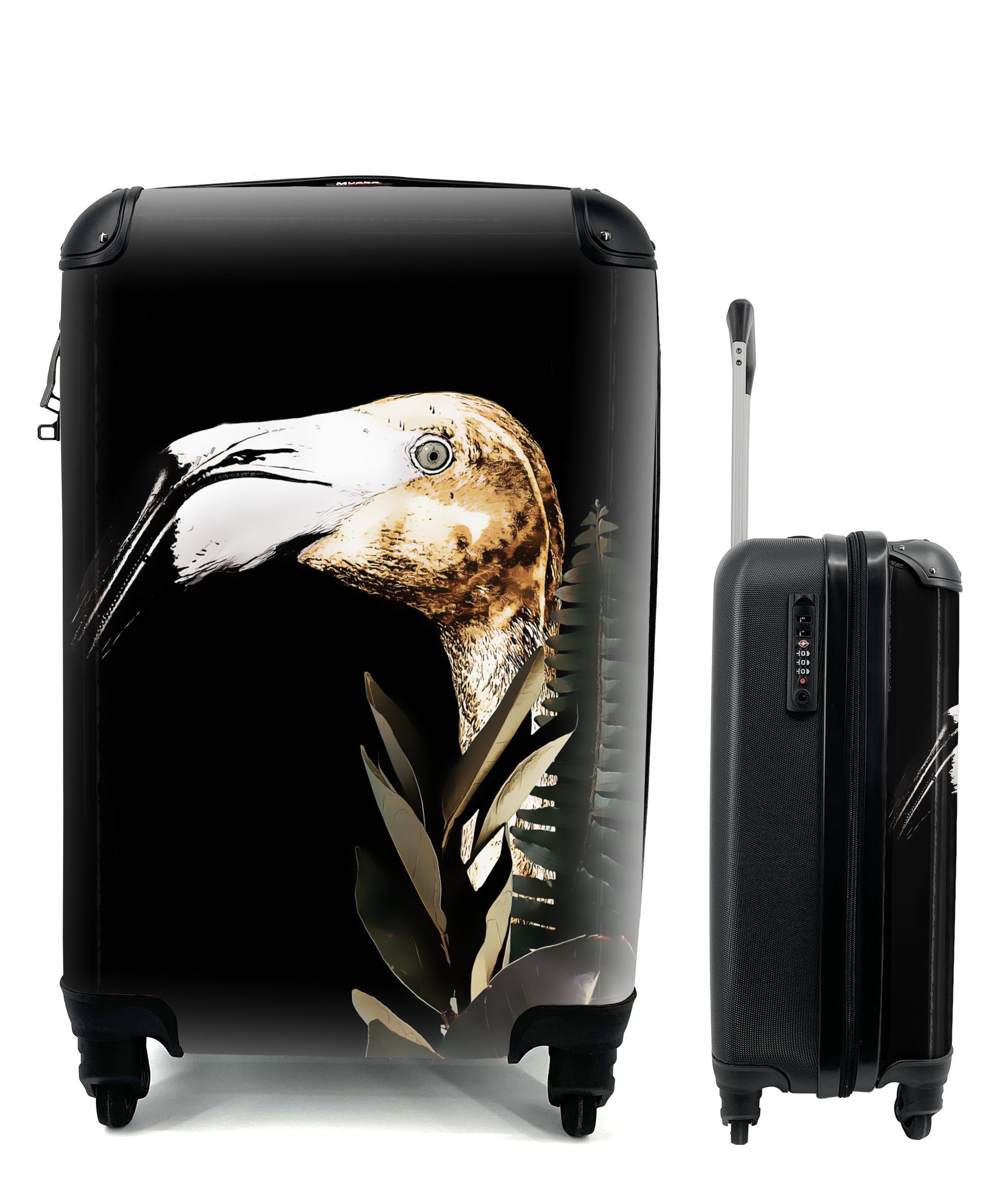 MuchoWow Handgepäckkoffer Porträt - Flamingo - Blätter, 4 Rollen, Reisetasche mit rollen, Handgepäck für Ferien, Trolley, Reisekoffer