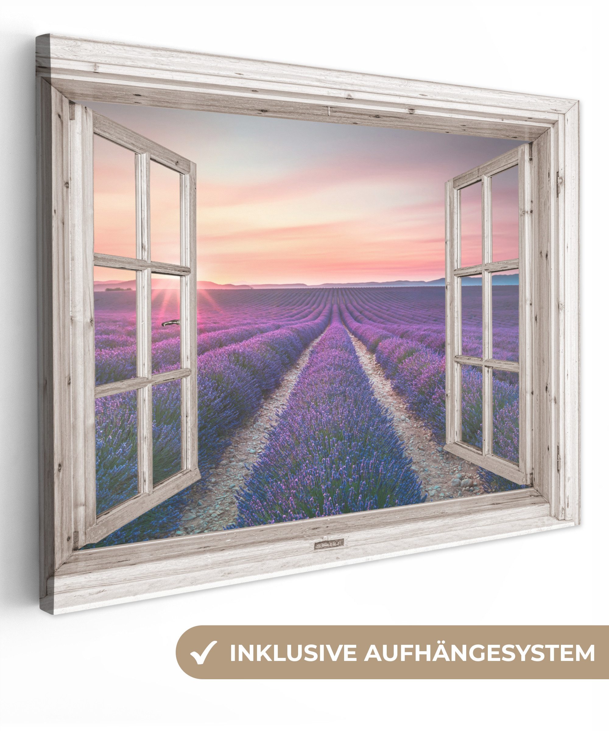 OneMillionCanvasses® Leinwandbild Fensterblick - Fenster - Lavendel - Blumen - Holz - Sonnenuntergang -, Fotodruck (1 St), Wandbild Leinwandbilder, Aufhängefertig, Wanddeko 40x30 cm