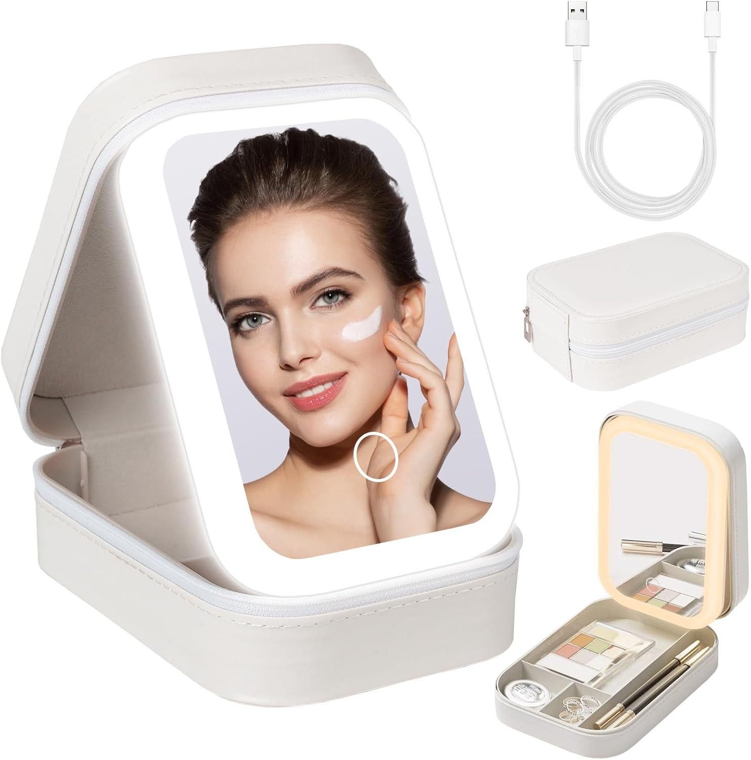 FELIXLEO Vergrößerungsspiegel Kosmetiktasche mit Spiegel 3 Farben LED Make Up Tasche Reise Weiss