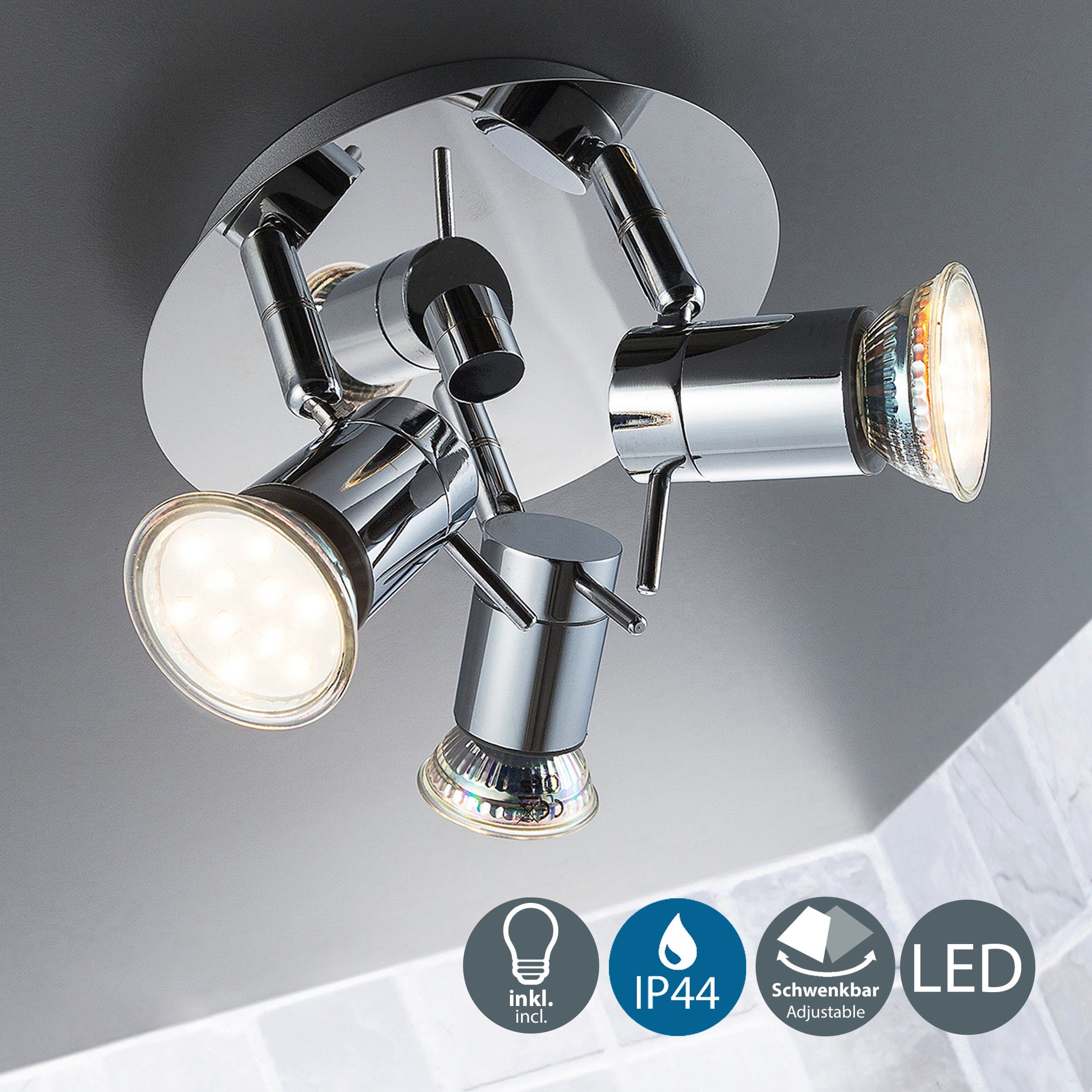 B.K.Licht LED Deckenleuchte, LED wechselbar, Warmweiß, LED, Deckenlampe,  Badezimmer, Chrom, drehbar, IP44, inkl. 3W 250lm