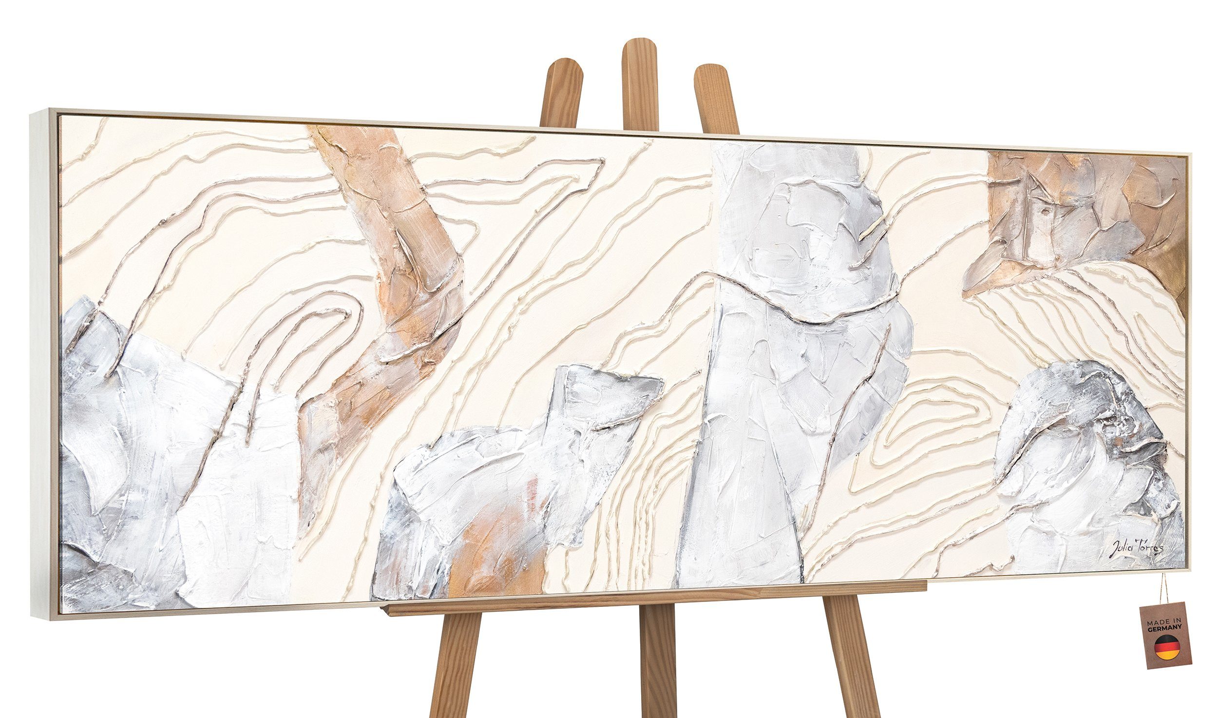 YS-Art Gemälde Sinfonie, Abstrakte Bilder, Abstraktes Leinwand Bild Handgemalt Streifen Beige Braun Weiß Mit Rahmen in Beige