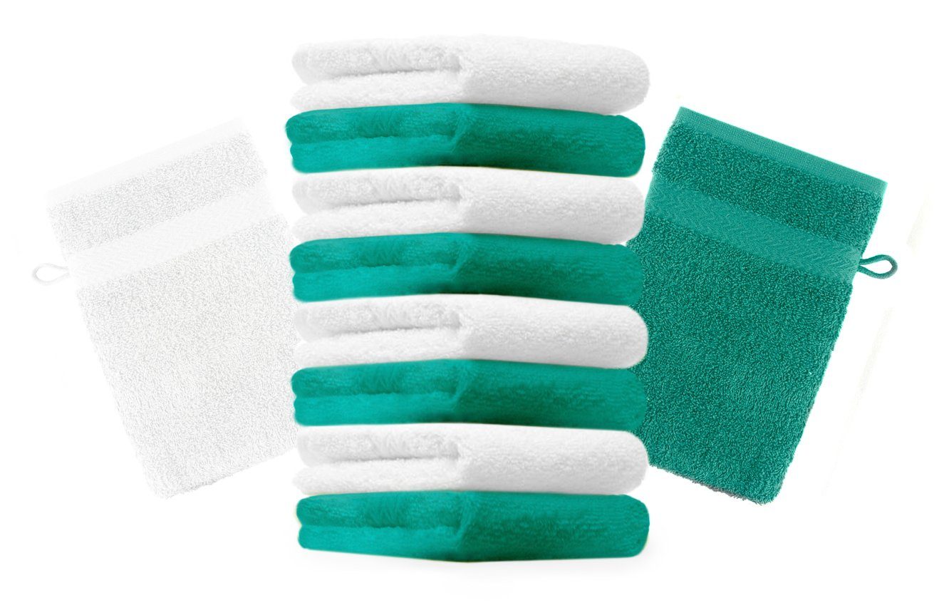 Betz Waschhandschuh 10 Stück Waschhandschuhe Premium 100% Baumwolle Waschlappen Set 16x21 cm Farbe smaragdgrün und weiß (10-tlg)