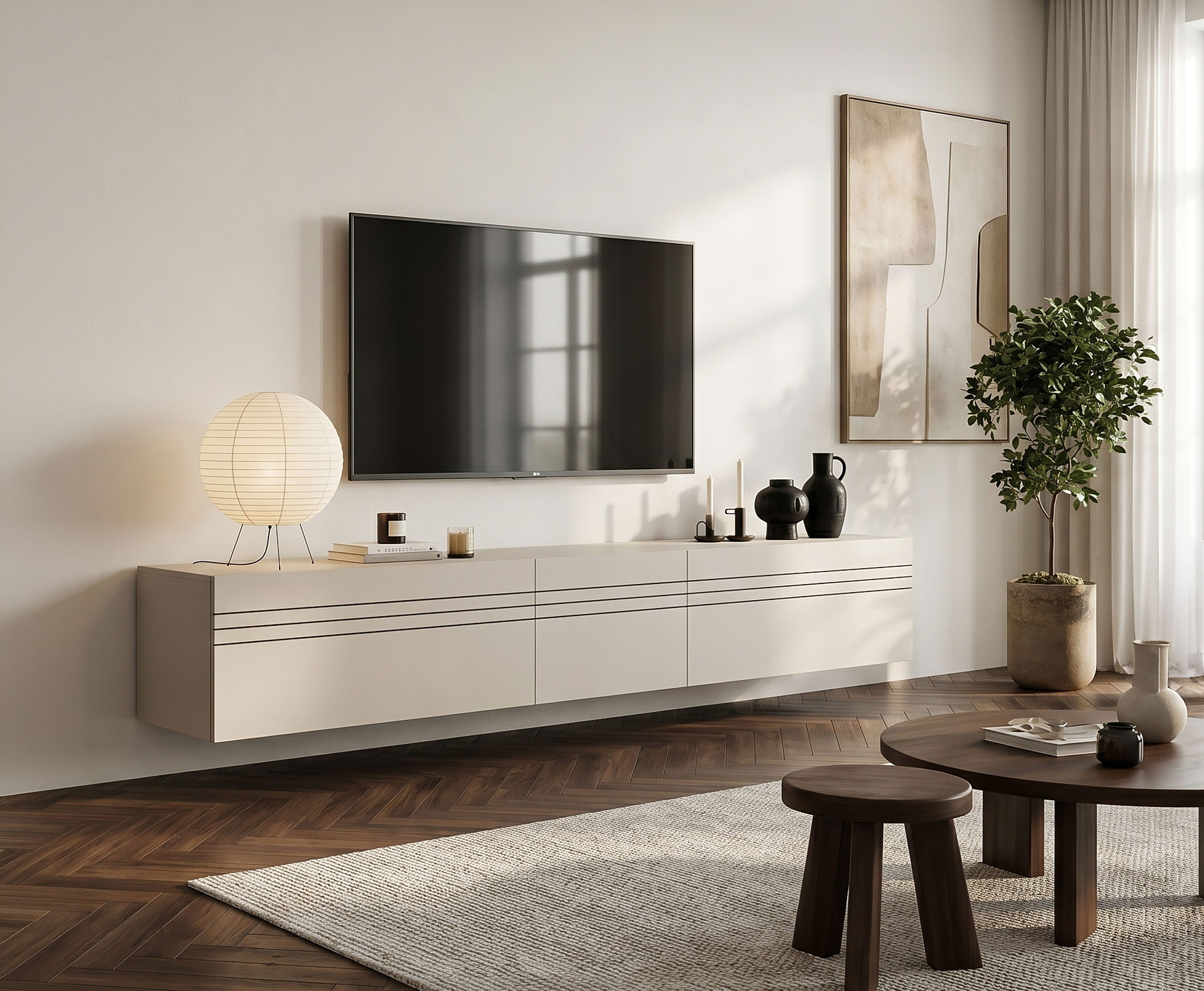 OTTO home Lowboard SPIAGGIA, 3-teiliges Set, Breite 225cm, stehend & hängend montierbar (Grifflose Fronten mit Gasdruckfeder, Fronten mit horizontaler Fräsung), TV-Möbel, TV-Schrank, TV-Lowboard, Mediaboard