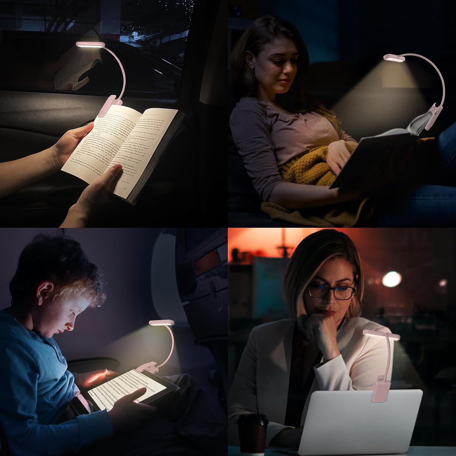 Jibenhome Klemmleuchten Leselampe Buch Klemme USB Wiederaufladbare Buchlampe, Rosa, LED fest integriert, 3 Farben & 10 Helligkeitsstufen,Flexibler Schwanenhals – Bild 5 von 5