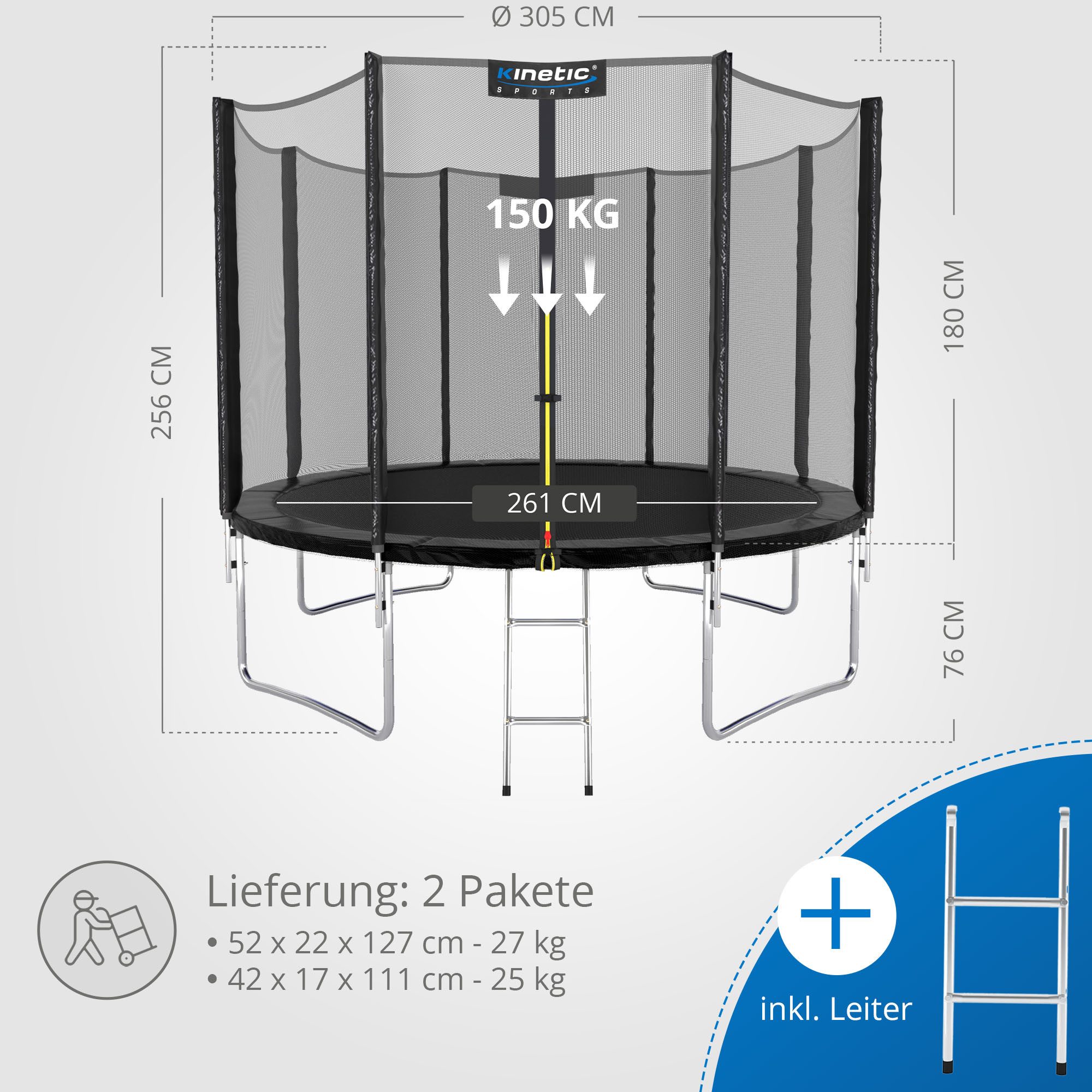 Kinetic Sports Gartentrampolin SALTO, Ø 305 cm, Kindertrampolin Set mit Sicherheitsnetz, USA Sprungtuch, Leiter