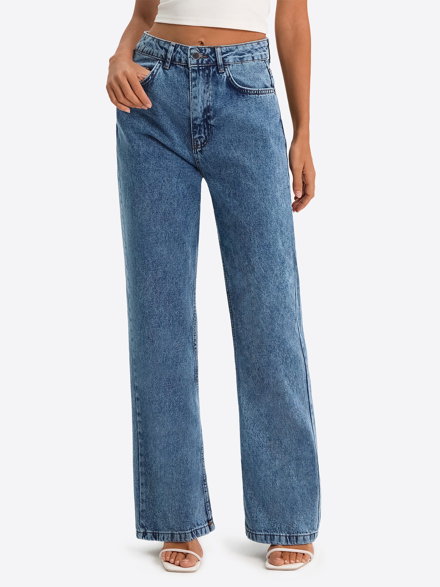 Imily Bela High-waist-Jeans Damen Gerade Wide Leg Jeans aus Baumwolle Denim Basic Flared (Packung, 1-tlg., 1per-Pack) 4-Pocket Style in Unifarbe