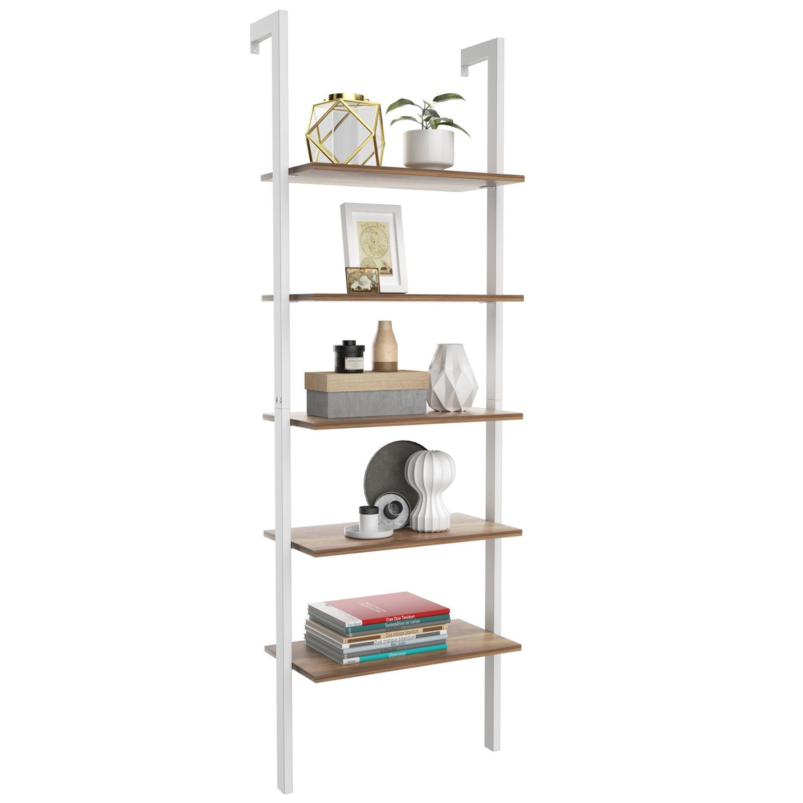 COSTWAY Leiterregal Bücherregal, 5-stufig, mit Metallrahmen, 183 cm Weiß