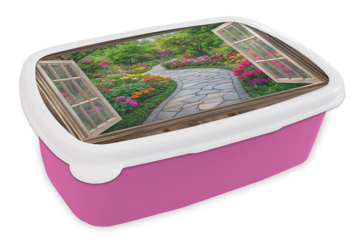 MuchoWow Lunchbox Aussicht - Blumen - Gartenweg - Natur - Fenster, Kunststoff, (2-tlg), Brotdosen, Lunch Box, Brotbox für Kinder und Erwachsene