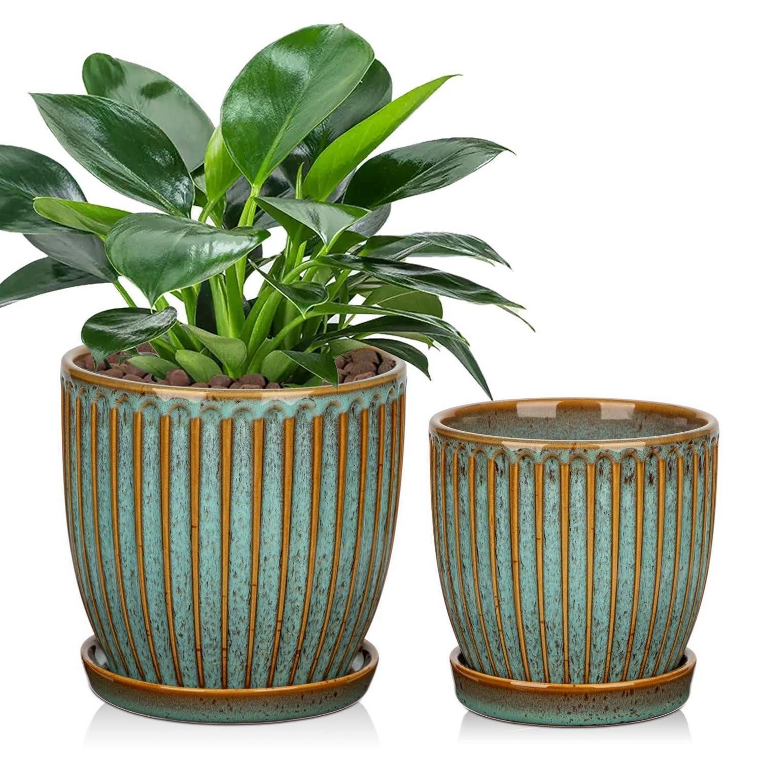LuxusKollektion Übertopf Übertopf 2er Set Keramik Drainageloch Untersetzer 15cm 13cm Dunkelblau