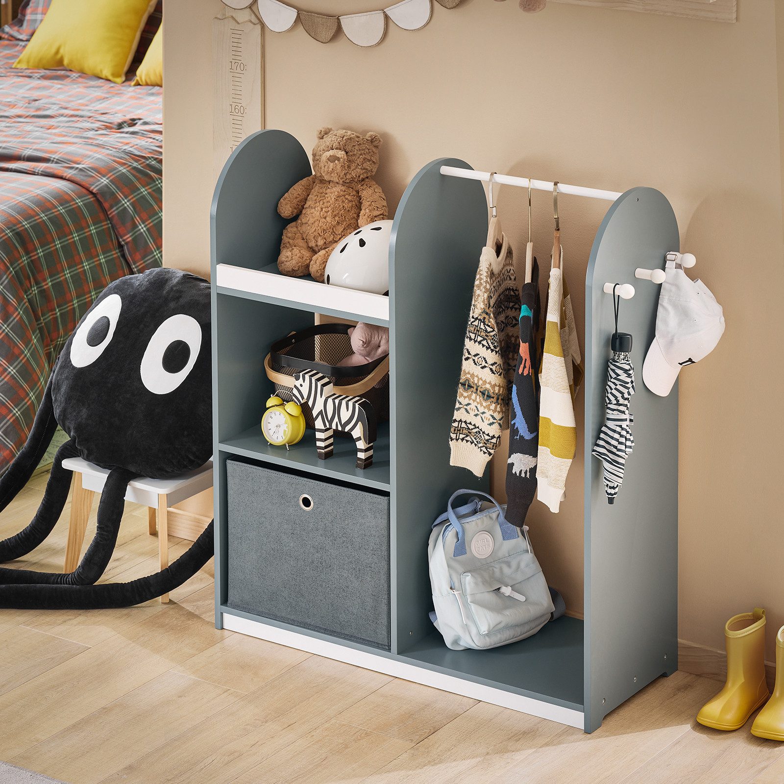 SoBuy Kleiderständer KMB40, Kinderkleiderschrank mit 3 Haken, Kleiderständer Kinder Regal, Kindergarderobe mit 3 Haken Kleiderschrank Kinderregal mit Boxen