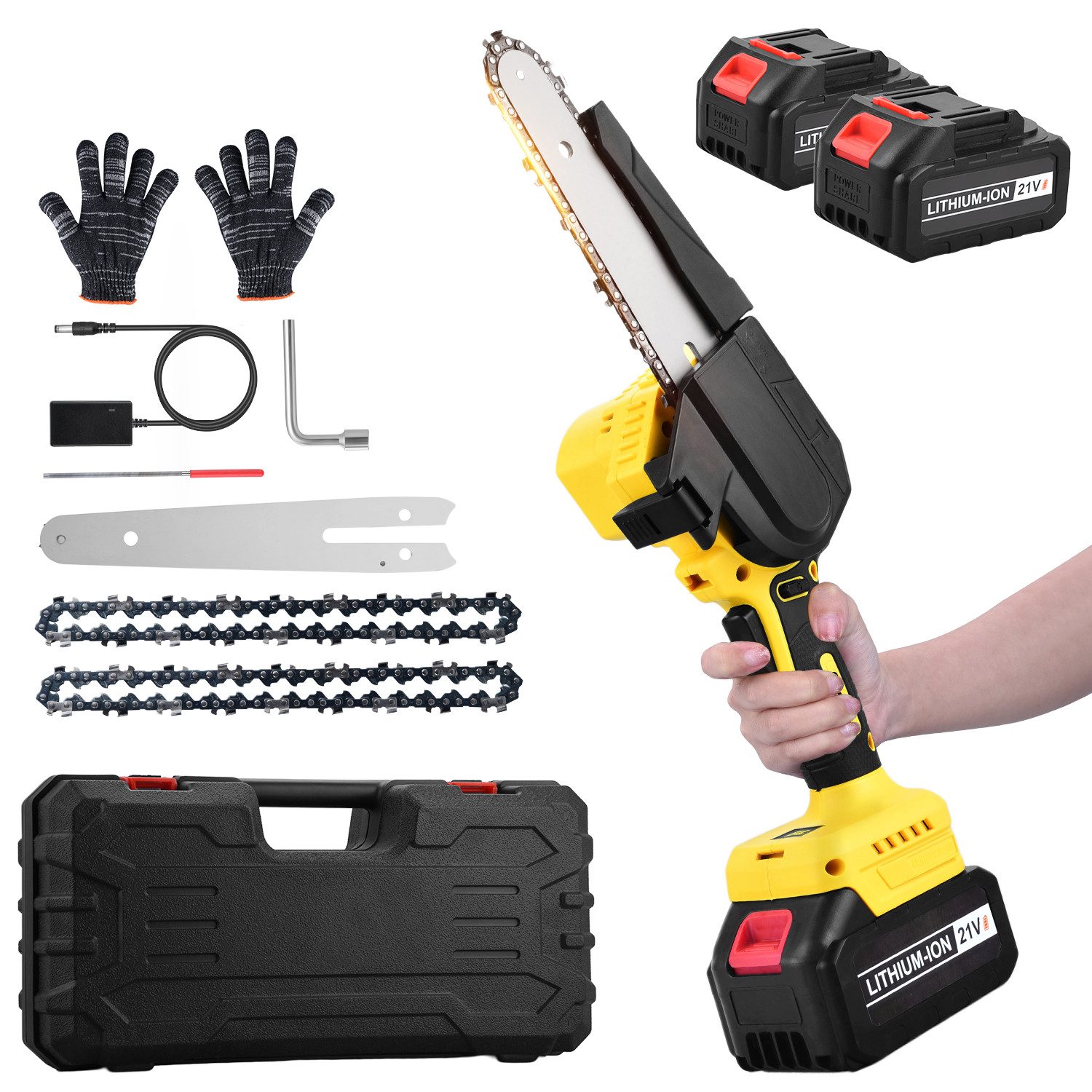 CkeyiN Akku-Kettensäge 6'' mini Kettensäge, 650W Bürstenlose Elektro-Kettensäge, 15 cm Schwertlänge, 6000 mAh Akku Säge mit 2 Ketten, 2 Akkus, für Astschere Holzschneidenz