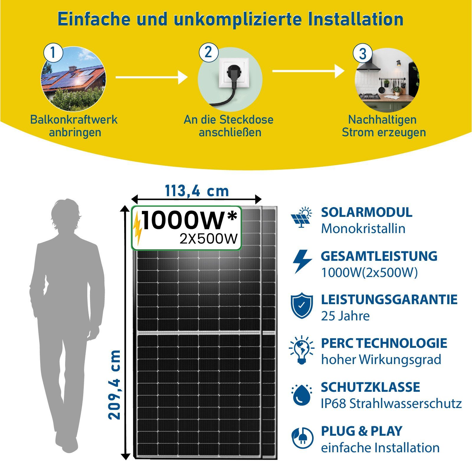 Premium WIFI Wechselrichter PV-Montage, Relais mit Aufständerung Süd Deye Generation Light(Groß) Solaranlage Stegpearl 1000W Neu 800W Balkonkraftwerk